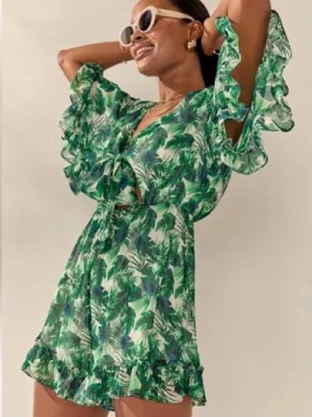 Francesca's Collections Green Tropical Ruffle Romper